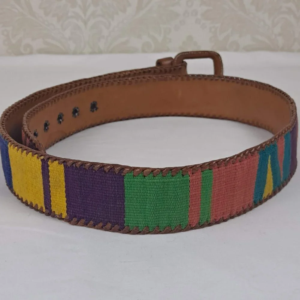 Colorful Cotton and Leather Belt Size Large Colorblock Made in Guatemala